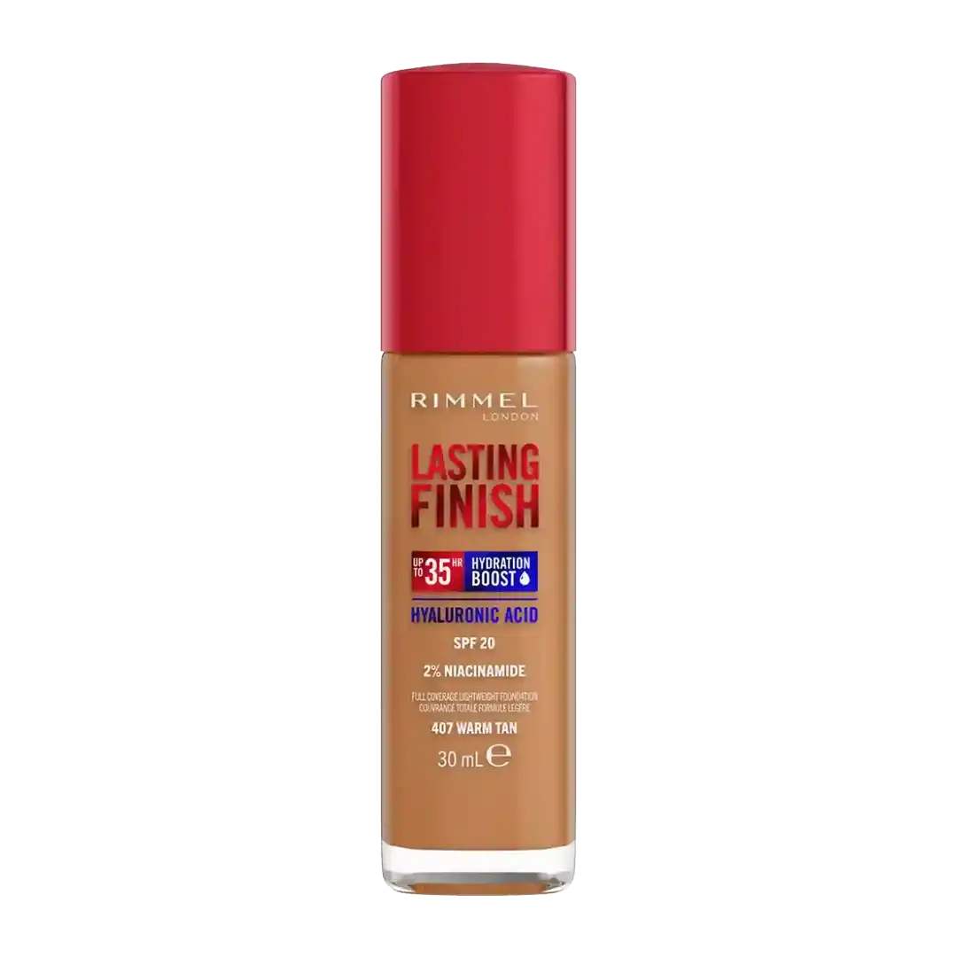 Front of Rimmel Lasting Finish 35 Hour Liquid Foundation, 407 Warm Tan, 30 ml