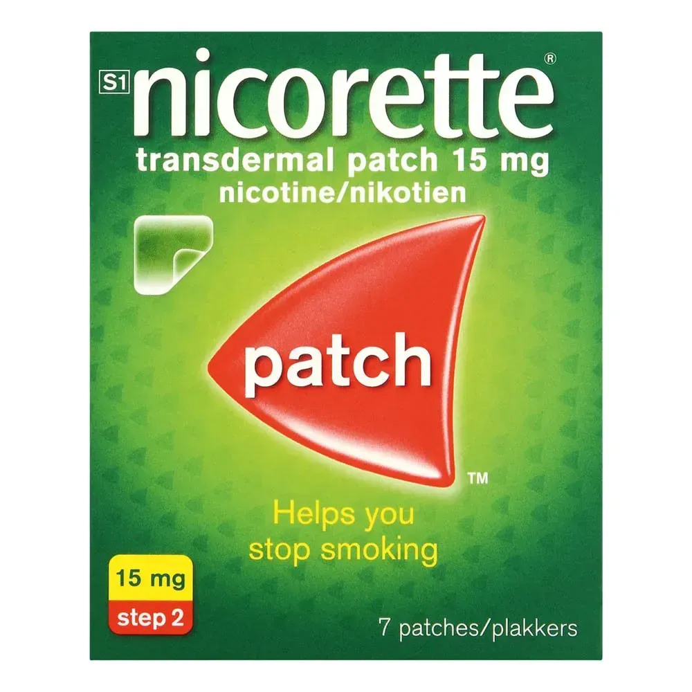 Front of Nicorette Transdermal Patch 15mg box, 7 patches, high resolution