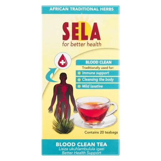 Front of Sela Blood Clean Tea box showing 20 teabags pack size and product benefits