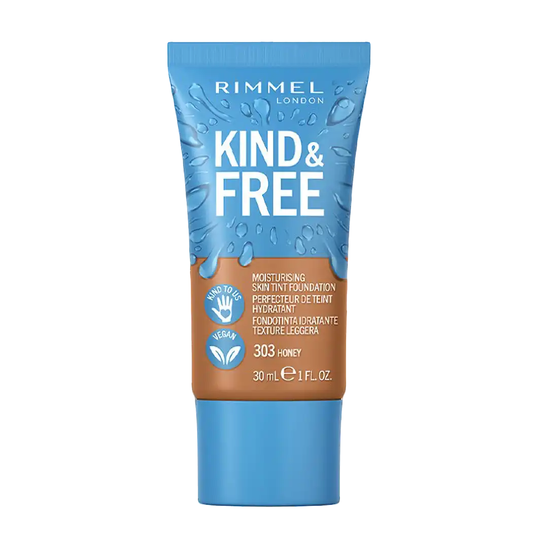 Front of Rimmel Kind & Free Moisturising Skin Tint Foundation 303 Honey, 30 ml tube