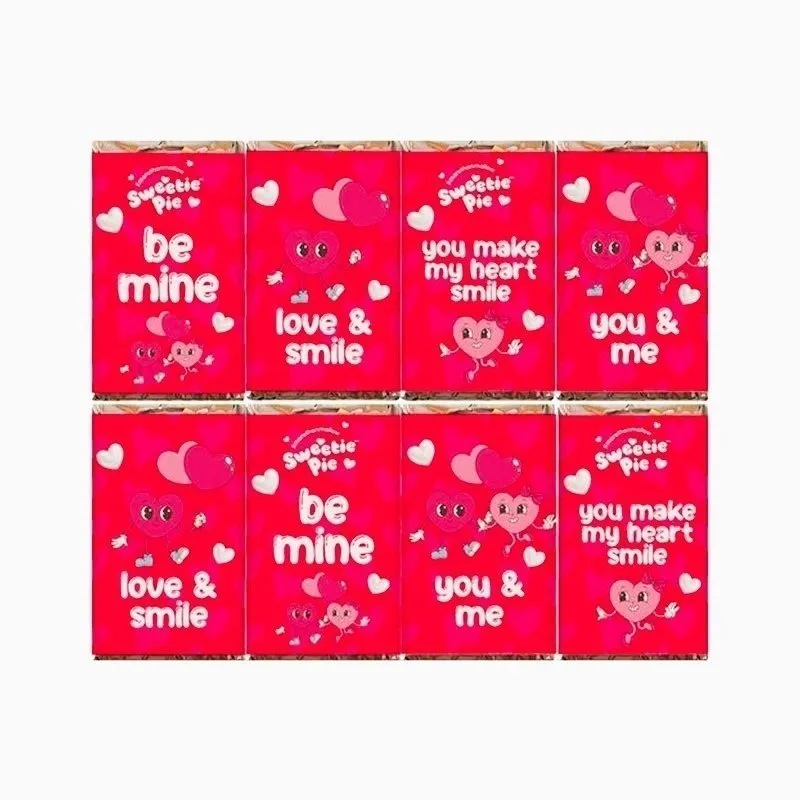 Front of Sweetie Pie 8pc Milk Chocolate Mini Slab pack, showing all 8 individually wrapped bars with heart-themed designs