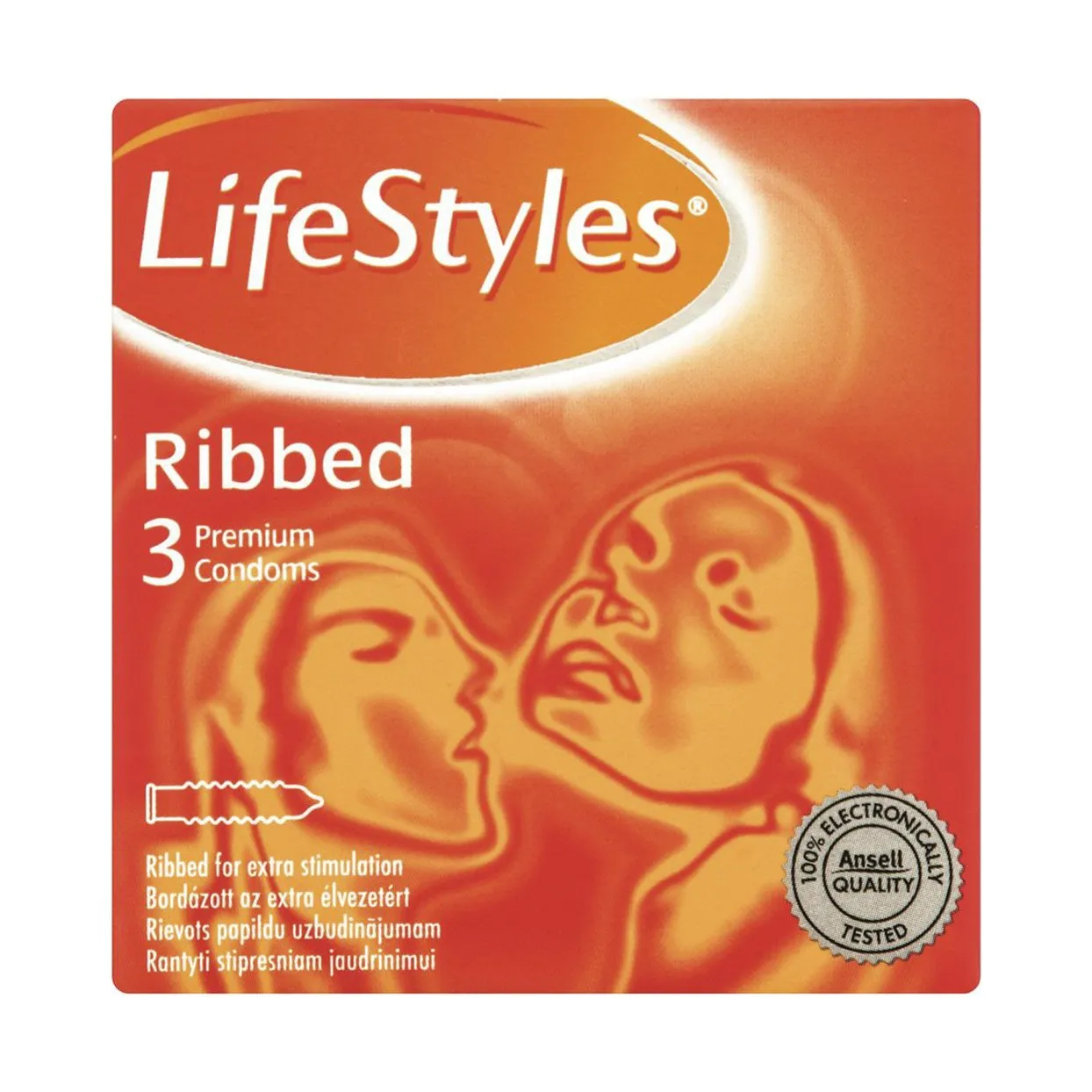 Front of LifeStyles Ribbed Premium Condoms, pack of 3