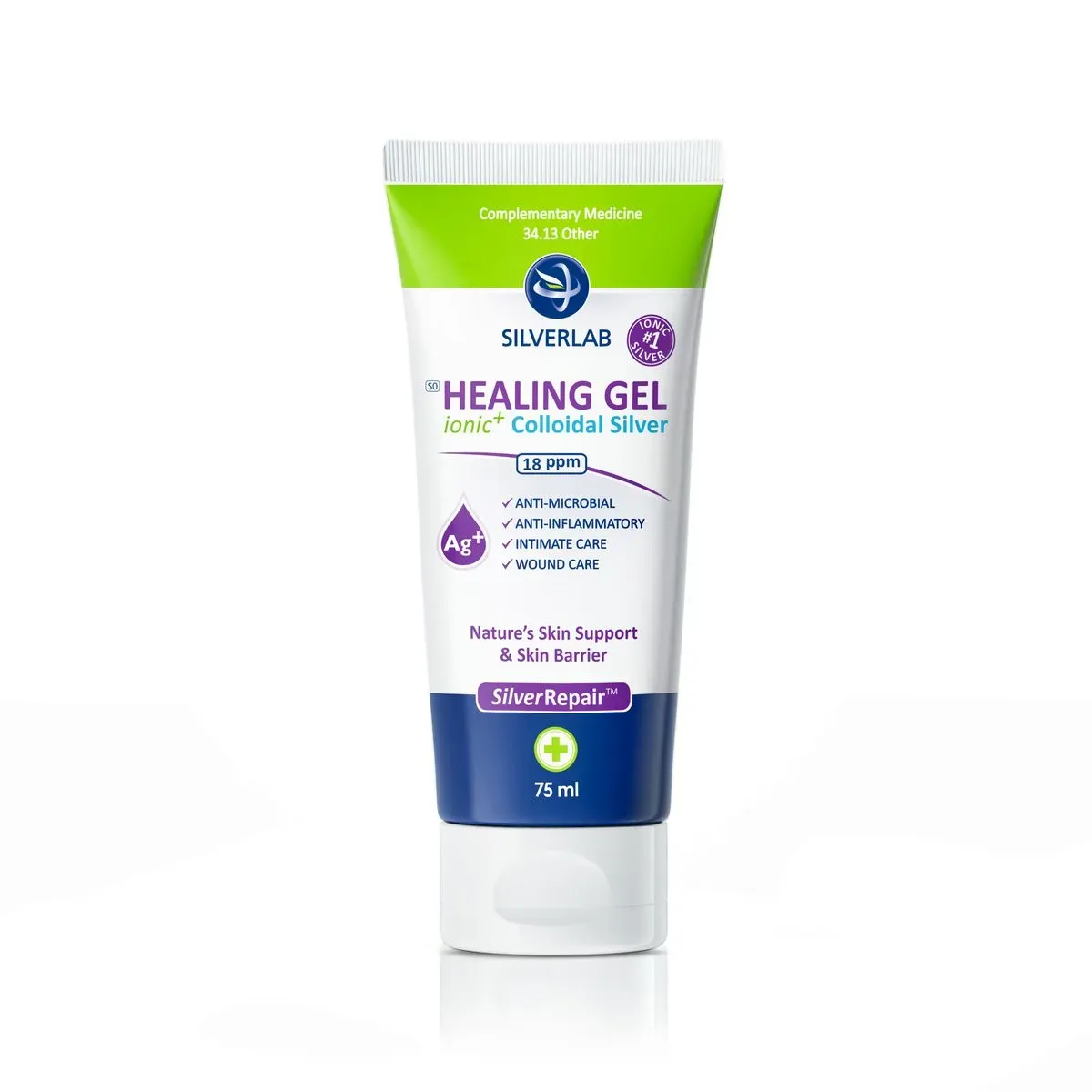 Front of SilverLab Healing Gel Colloidal Silver 75 ml tube on white background
