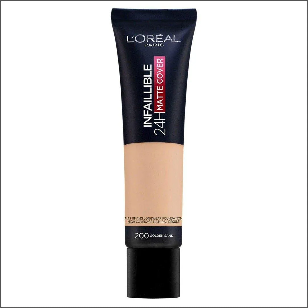 Front of L'Oréal Paris Infaillible 24H Matte Cover Foundation 200 Golden Sand 30 ml tube