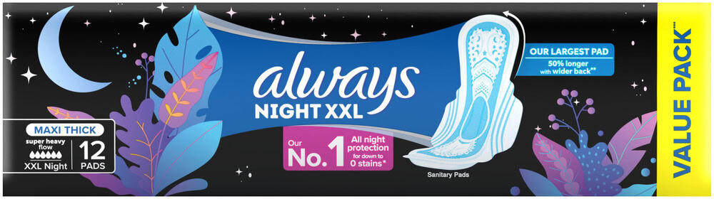 Always Super Heavy Flow Night XXL Maxi Thick Sanitary Pads 12pk