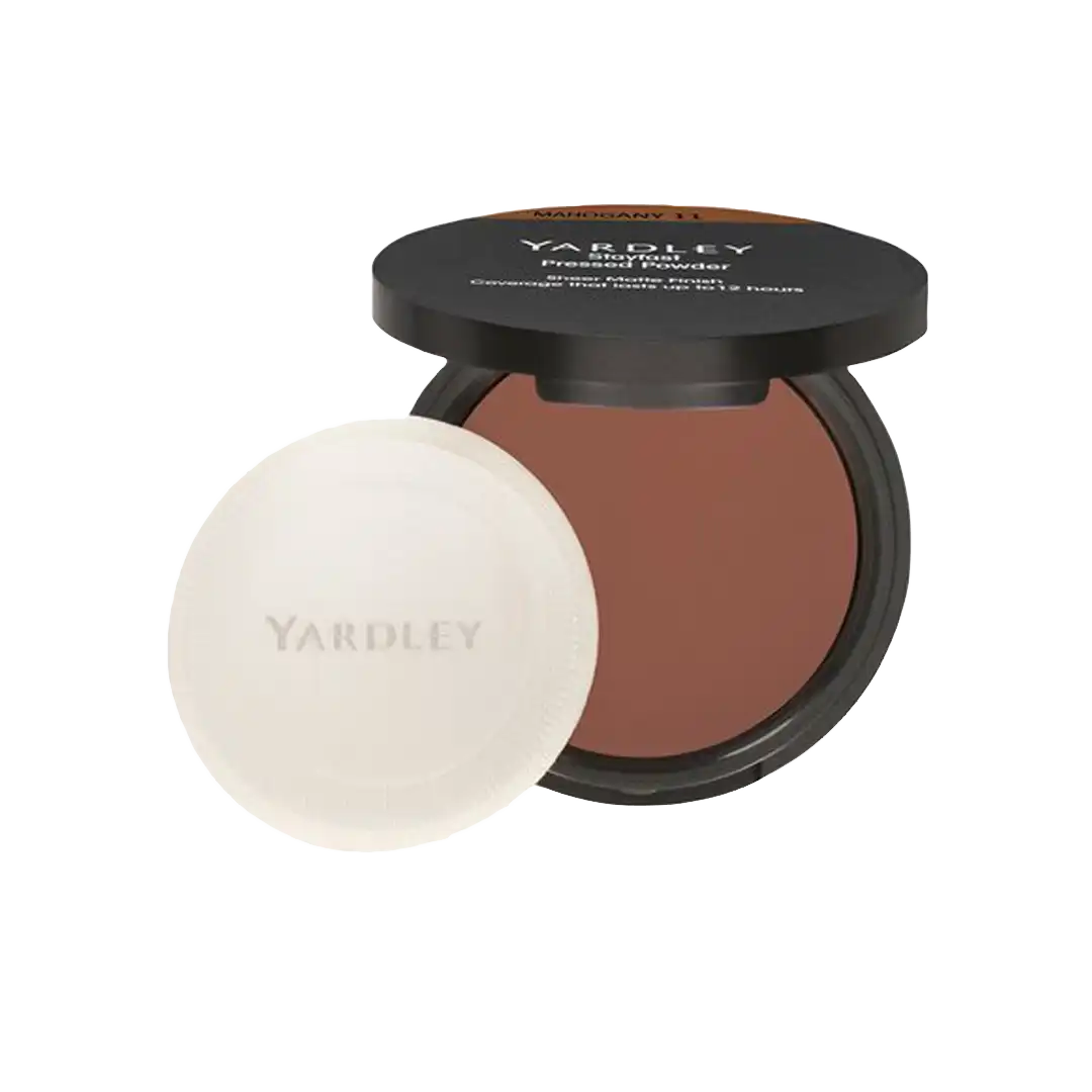 Open Yardley Stayfast Pressed Powder compact in Mahogany 11 shade with puff