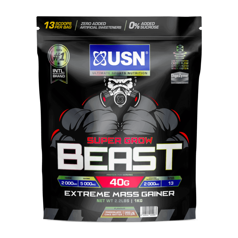 Front of USN Super Grow Beast Extreme Mass Gainer Chocolate Cake Batter 1 kg pouch