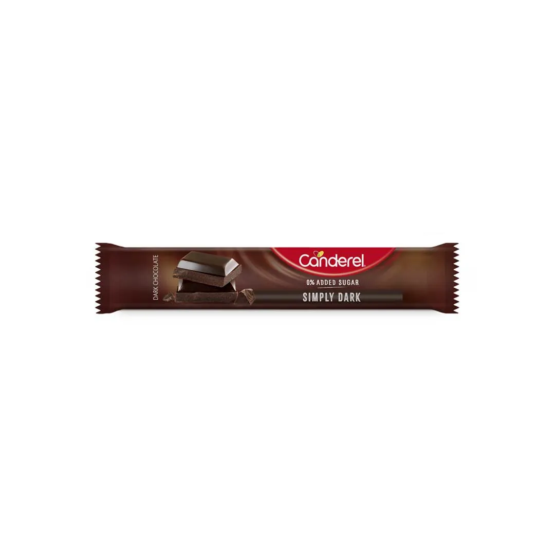 Front of Canderel 0% Added Sugar Simply Dark Chocolate Bar, 30g