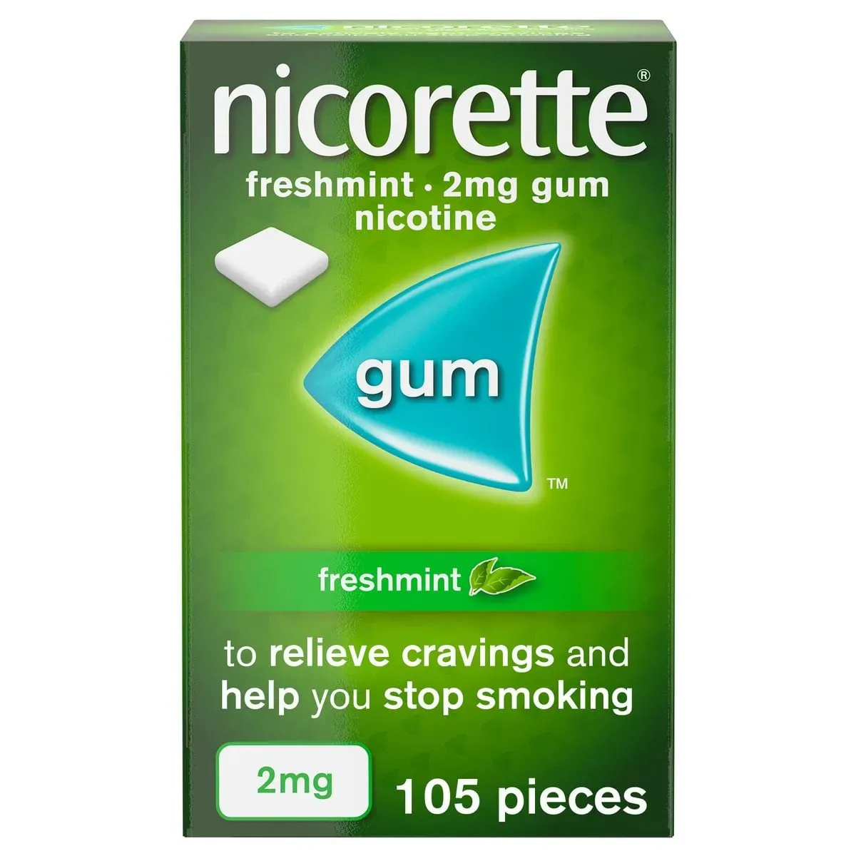 Front of Nicorette Freshmint 2mg Gum 105 pieces box on white background