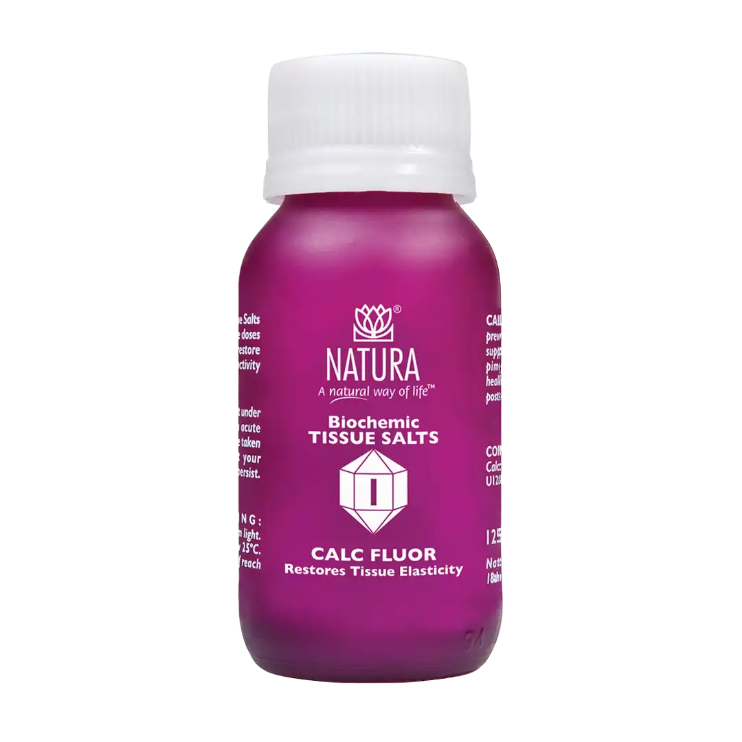 Front of Natura Biochemic Tissue Salts Calc Fluor 125 tablets bottle on white background