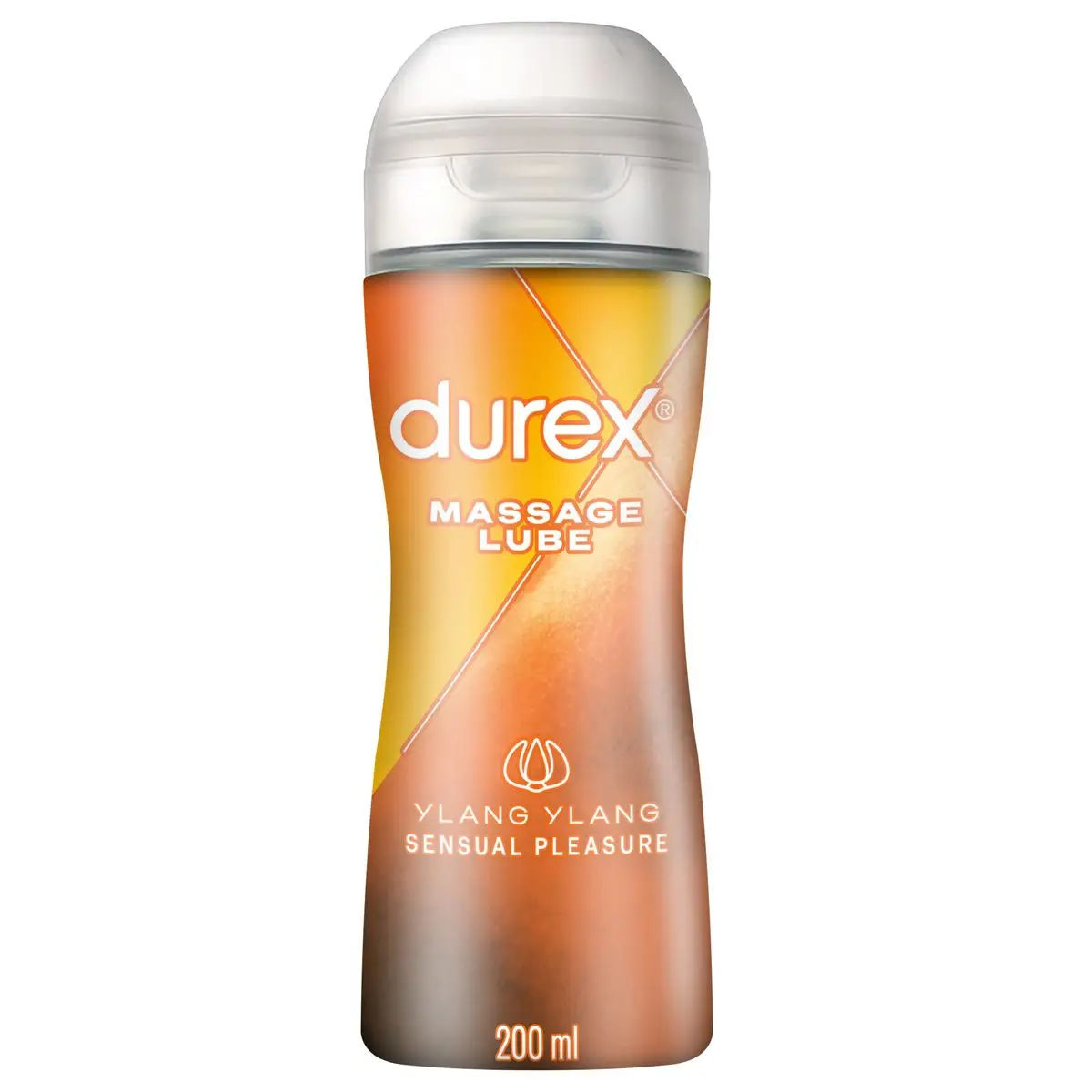 Front of Durex Massage Lube Ylang Ylang Sensual Pleasure 200 ml bottle on white background