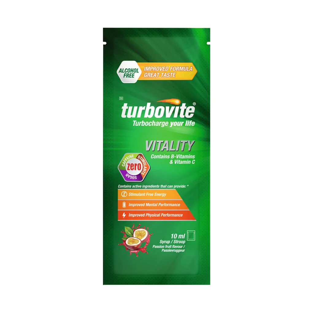 Front of Turbovite Vitality Alcohol Free Passion Fruit Flavoured Syrup 10ml sachet