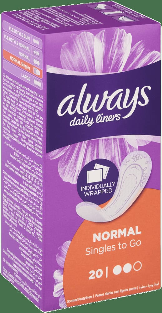 Always Daily Liners Normal Singles to Go Scented Pantyliners 20pk