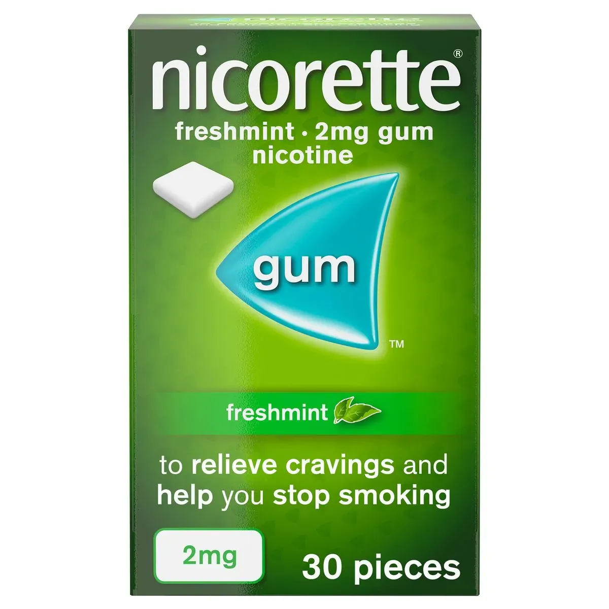 Front of Nicorette Freshmint 2mg Gum 30 pieces box, studio shot