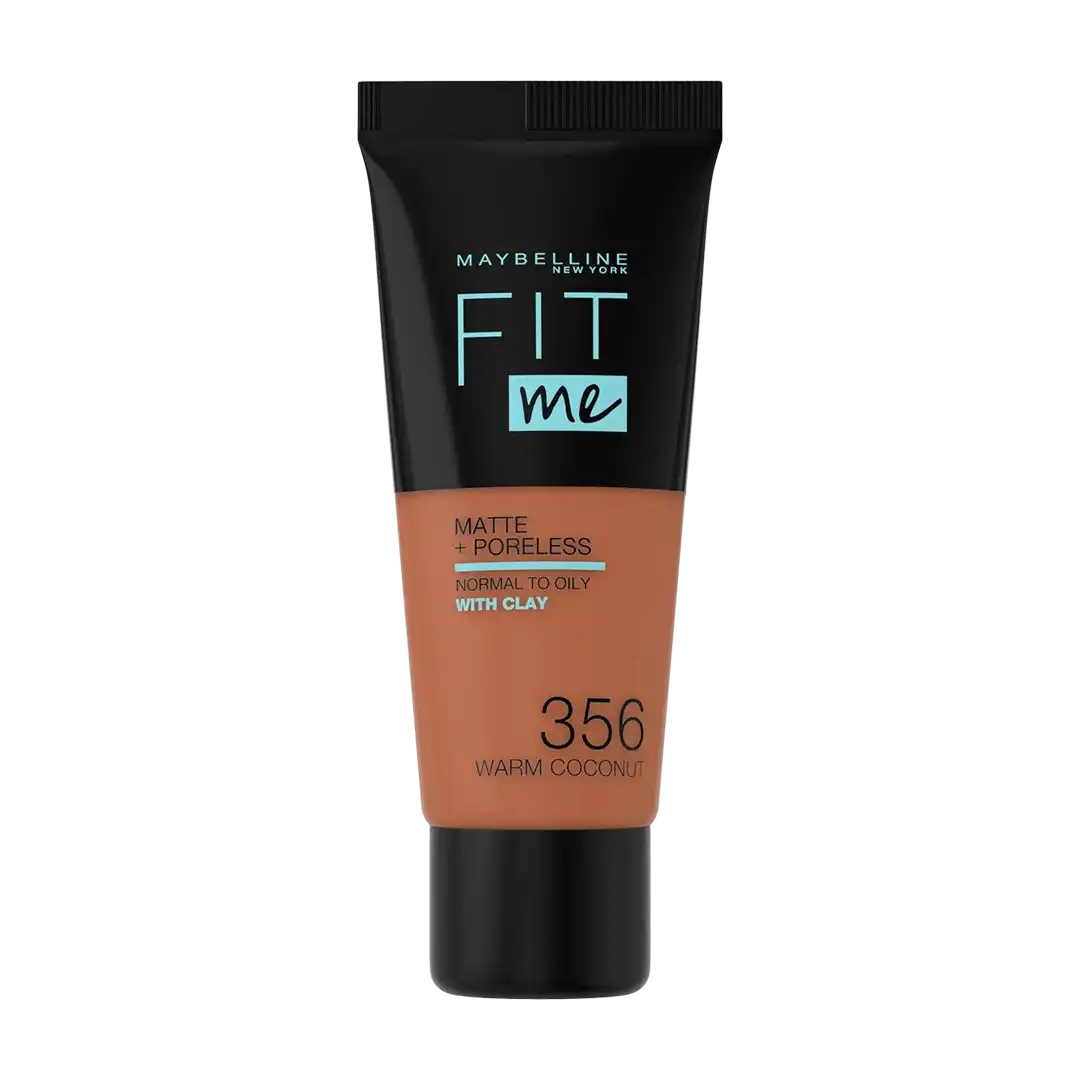 Front of Maybelline Fit Me Matte + Poreless Foundation 356 Warm Coconut 30 ml tube