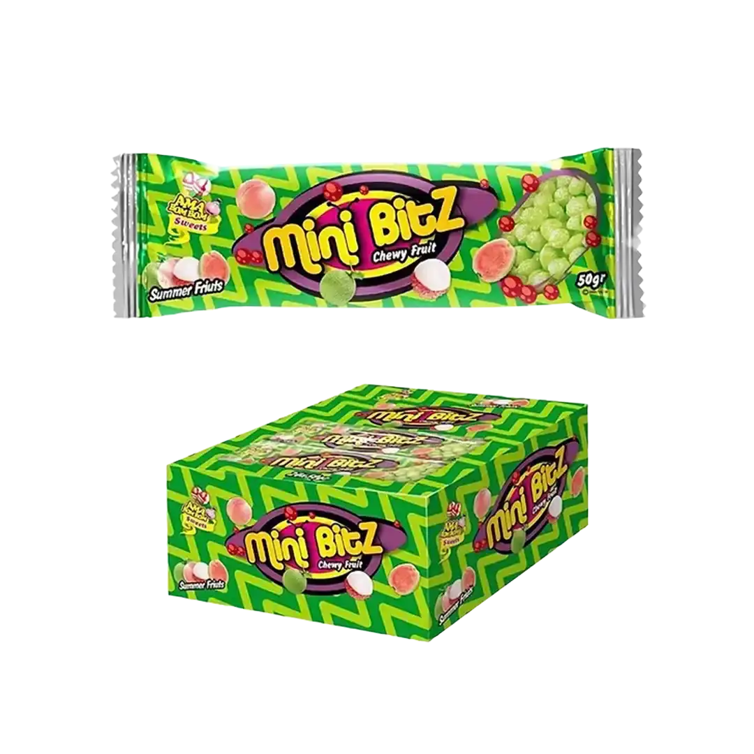 Mini Bitz Chewy Fruit Summer Fruits 50g single pack and display box, higher resolution