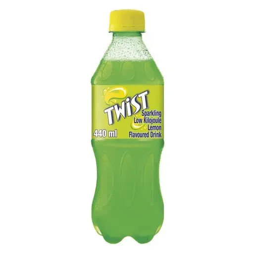 Front of Twist Lemon Flavoured Sparkling Drink 440 ml bottle on white background