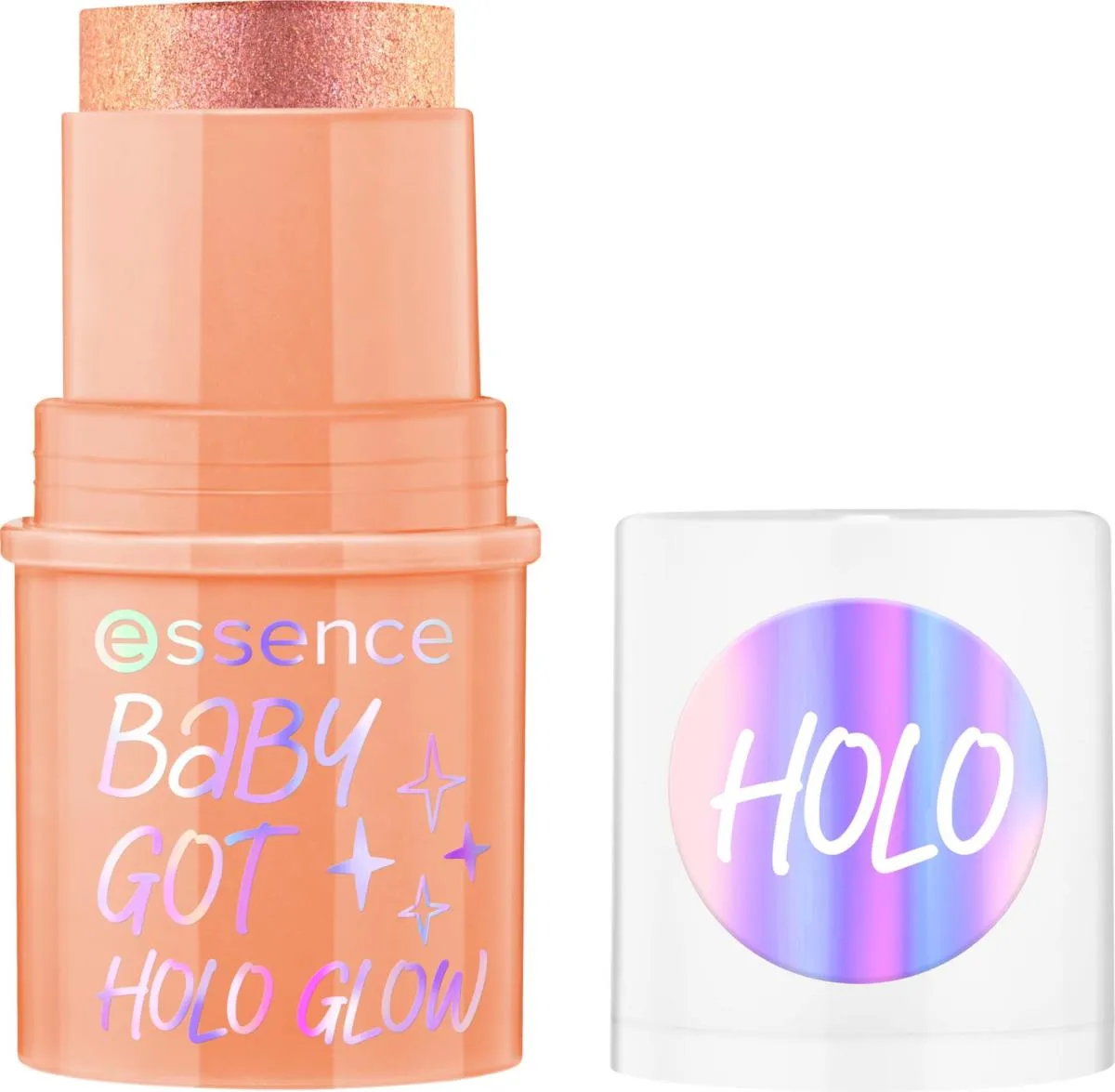 Essence Baby Got Holo Glow Highlighter Stick, open, showing peach-toned balm and holographic cap