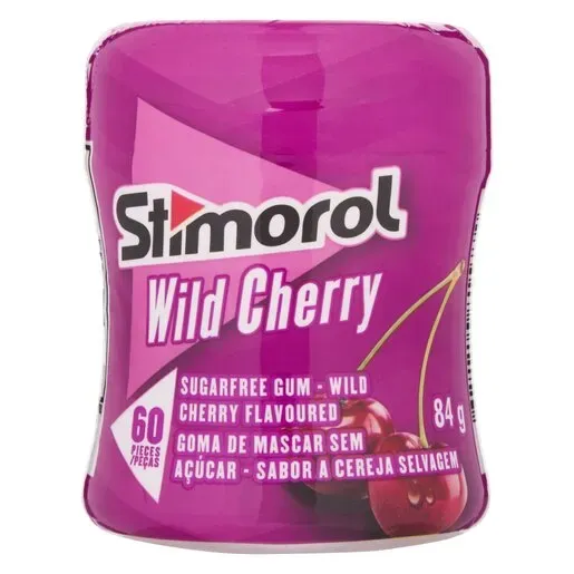 Front of Stimorol Wild Cherry Sugarfree Gum, 60 pieces, 84 g bottle