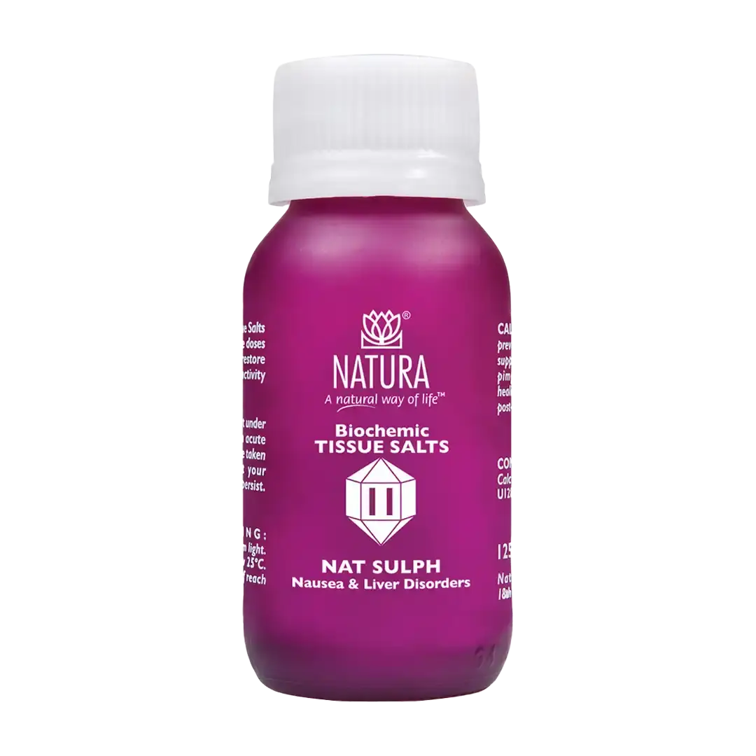 Front of Natura Biochemic Tissue Salts Nat Sulph 125 tablets bottle on white background