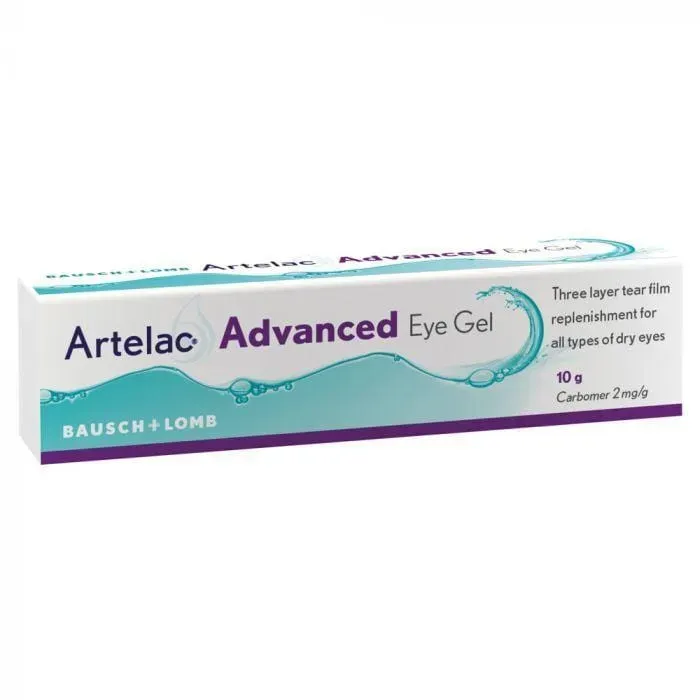 Angled front view of Bausch & Lomb Artelac Advanced Eye Gel 10g box
