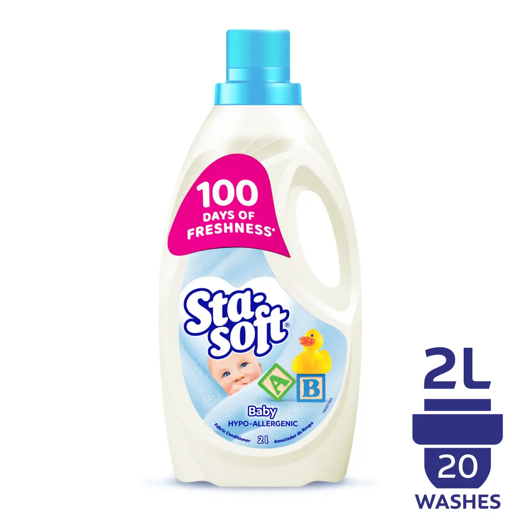 Front of Sta-Soft Baby Hypo-Allergenic Fabric Conditioner 2L bottle with 2L 20 washes graphic